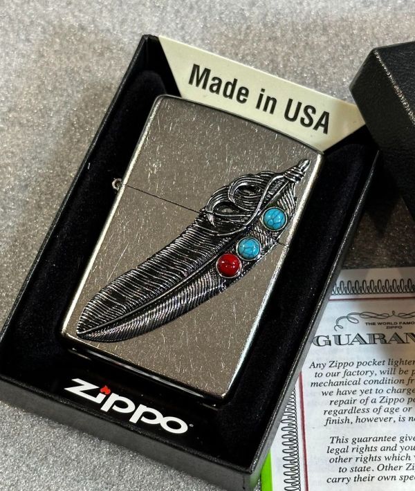■新品 ZIPPO ネイティブ アメリカン ターコイズ インディアン フェザー 羽 イーグル 鷹 ライター ジッポー 喫煙具 メタル貼り U31_画像1