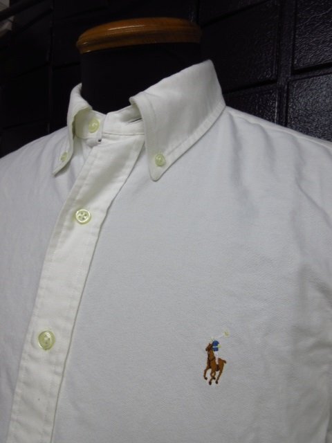 r5420　美品　Ralph Lauren/メンズシャツ/半袖/スリムフィット/ボタンダウン/サイズM/ラルフローレン　白　ホワイト系　ブランドマークあり_画像2