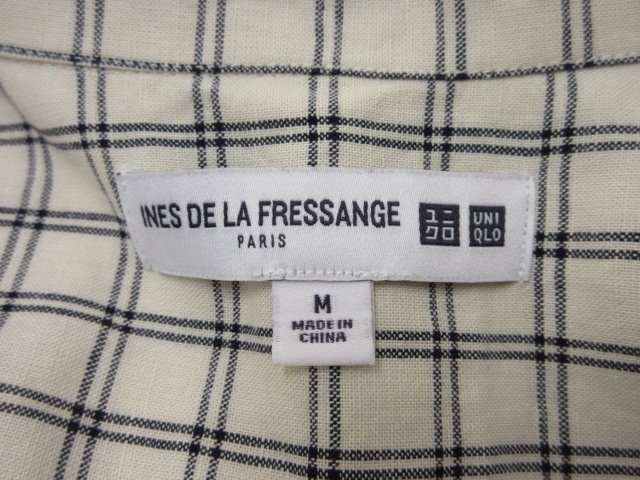 m9273 美品　INES DE LA FRESSANGE　ユニクロ　シャツワンピース　麻綿混紡　キナリ×黒　チェック柄　Mサイズ　ロング丈　UNIQLO_画像5