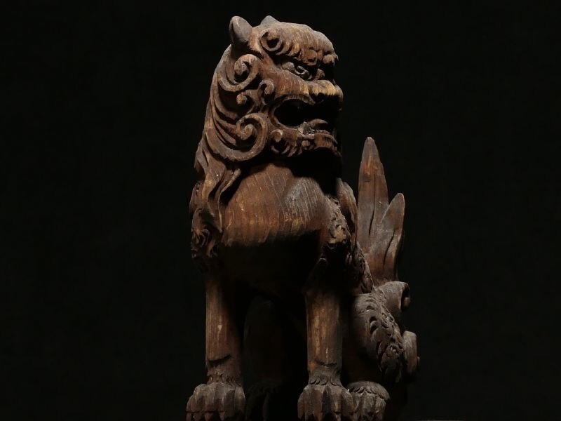 z432 迫力の木彫 阿吽の狛犬 仏教美術 置物_画像6