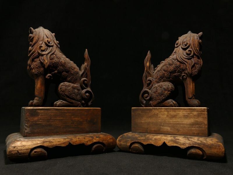 z432 迫力の木彫 阿吽の狛犬 仏教美術 置物_画像10