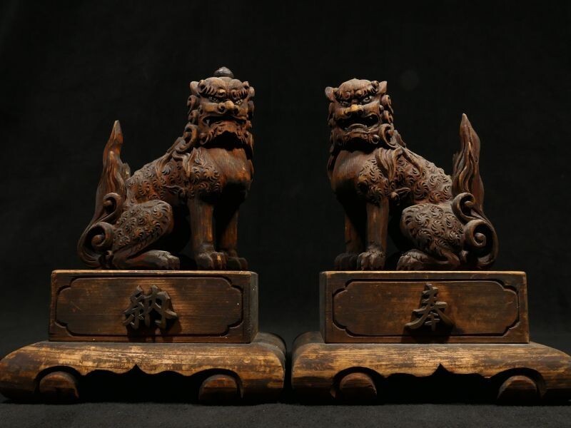 z432 迫力の木彫 阿吽の狛犬 仏教美術 置物_画像2