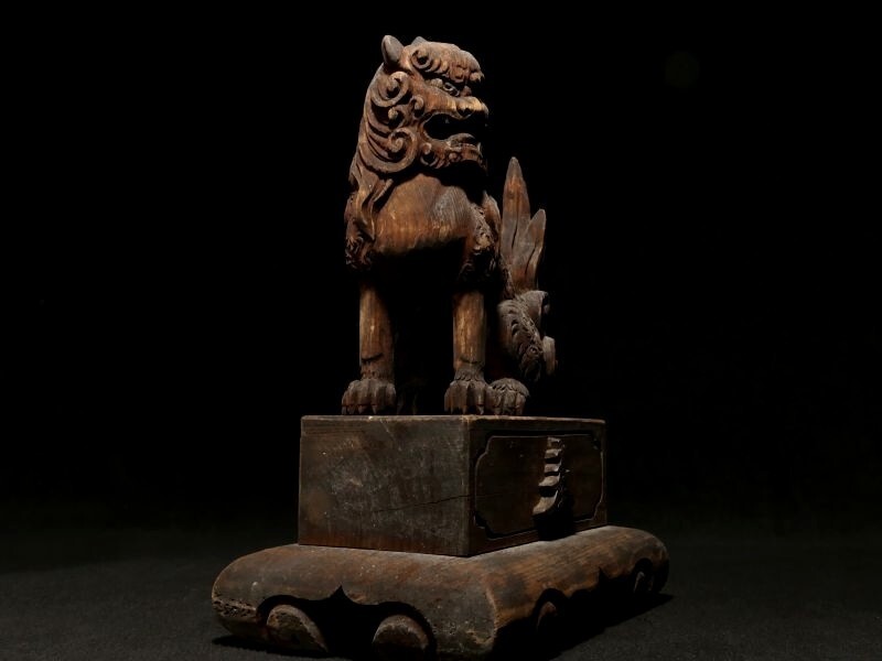 z432 迫力の木彫 阿吽の狛犬 仏教美術 置物_画像5