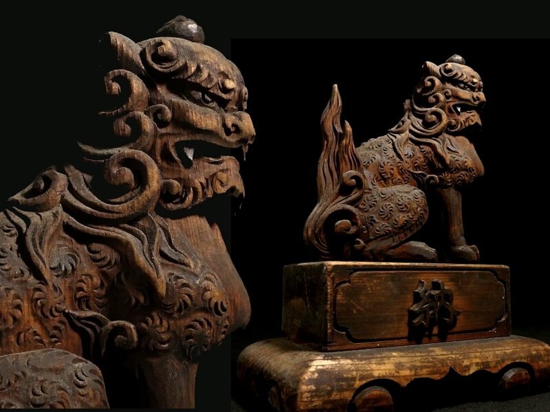z432 迫力の木彫 阿吽の狛犬 仏教美術 置物_画像4