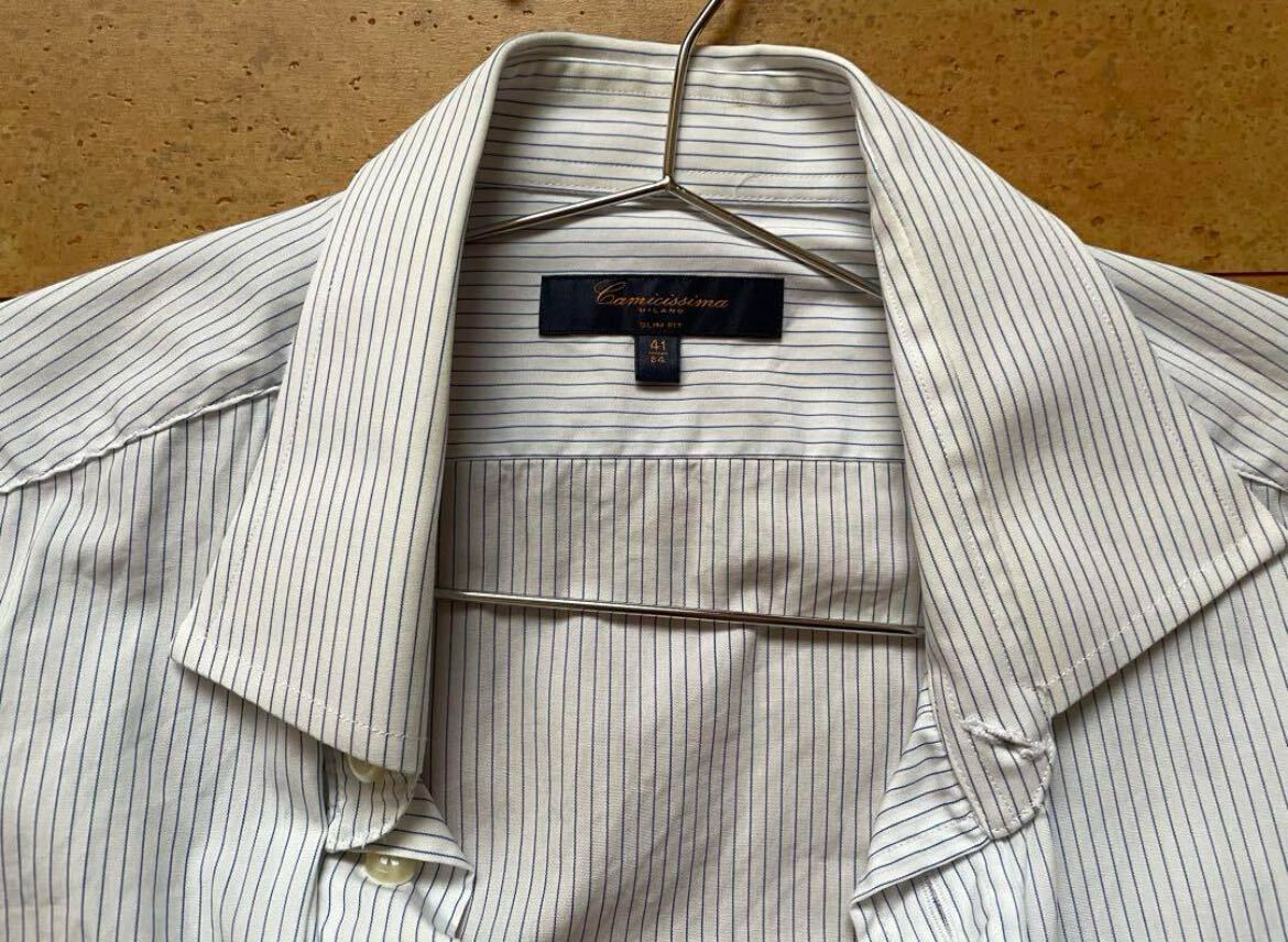 新社会人洗い替え用Yシャツ長袖シャツ41-84スリムモデル白色青ストライプ_画像3