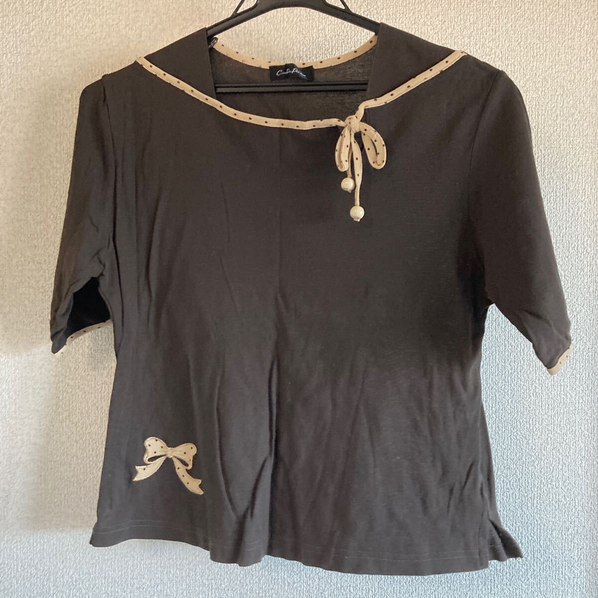レディース　半袖 Tシャツ カットソー トップス　スクエアネック M〜Ｌサイズ　茶色　リボン　綿　日本製　かわいい_画像1