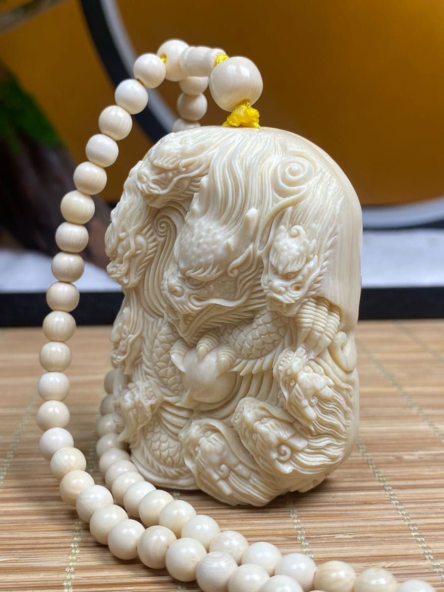 天然マンモス牙美しい手作り彫刻 至尊九龍戯珠 ネックレス