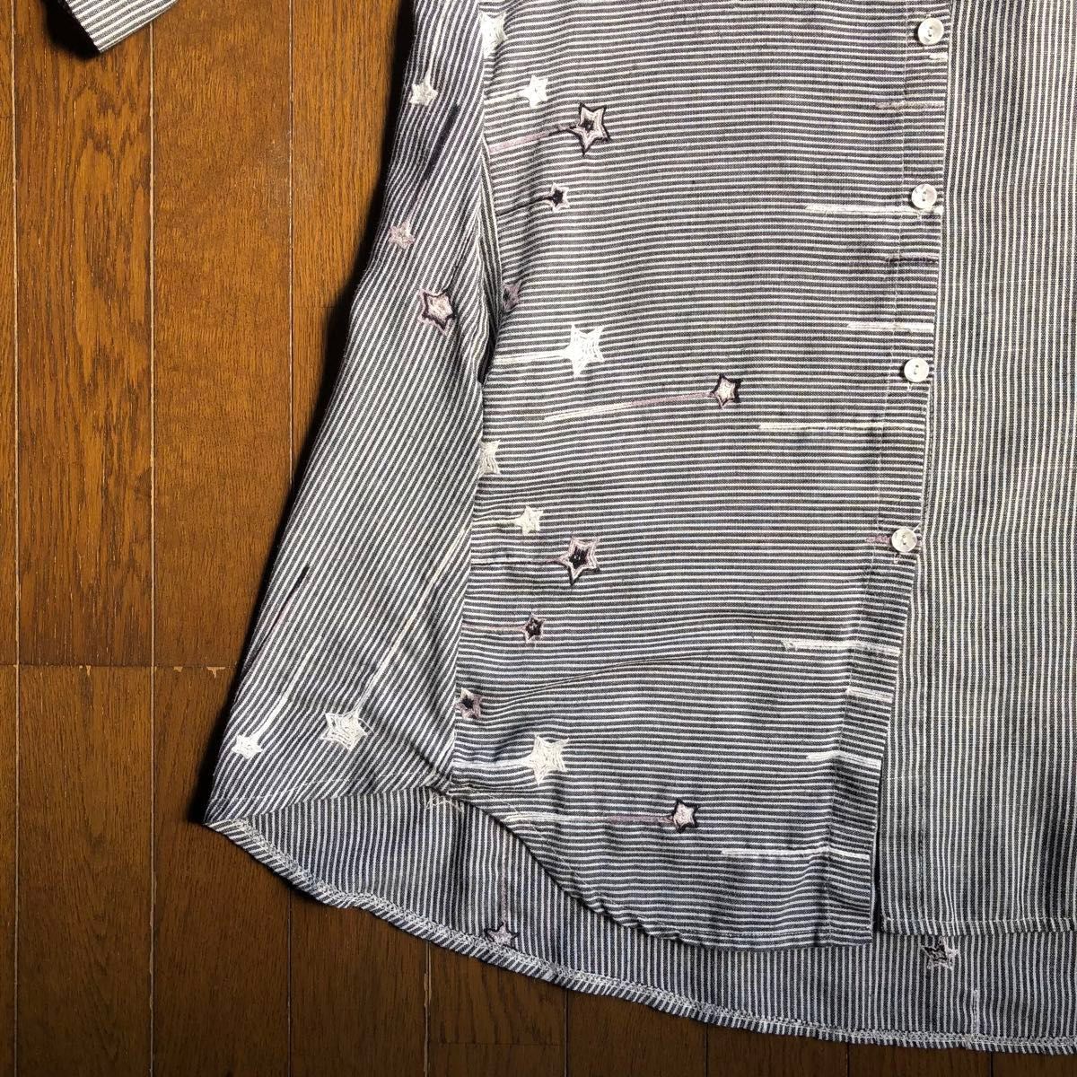 【企画　ケイ・スリー】星刺繍ストライプ綿100%シャツチュニック　オーバーサイズ