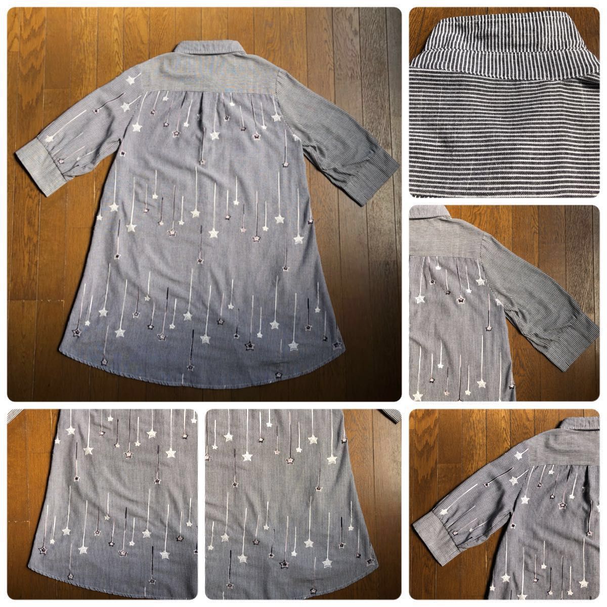 【企画　ケイ・スリー】星刺繍ストライプ綿100%シャツチュニック　オーバーサイズ