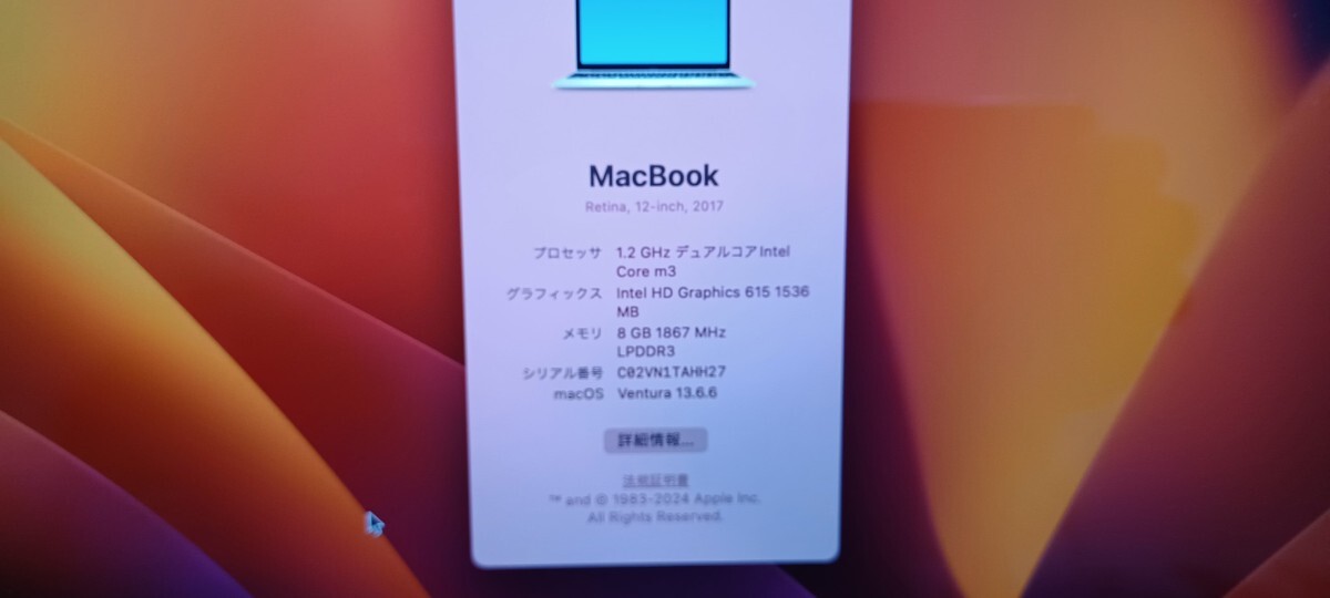 Apple MacBook A1534 デュアルコアCore m3/8GB/SSD256GB Retina 12inch　2017　mac os Ventura _画像5