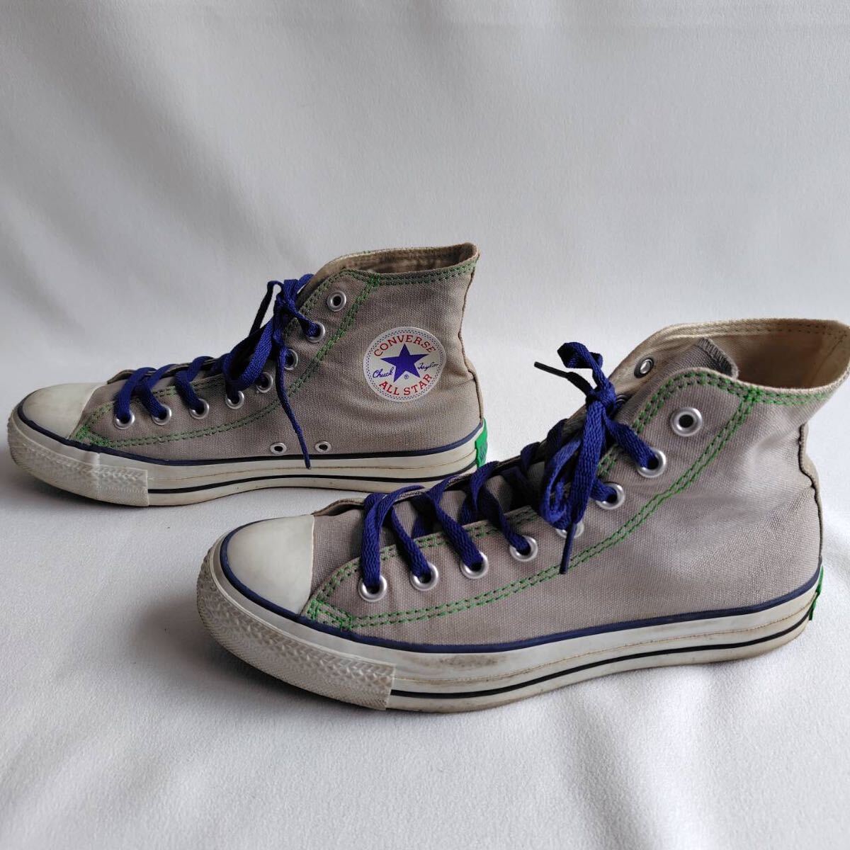 26.0cm CONVERSE コンバース ハイカットスニーカー グレー キャンバス グリーンステッチ 8ホールシューズ No.16_画像3