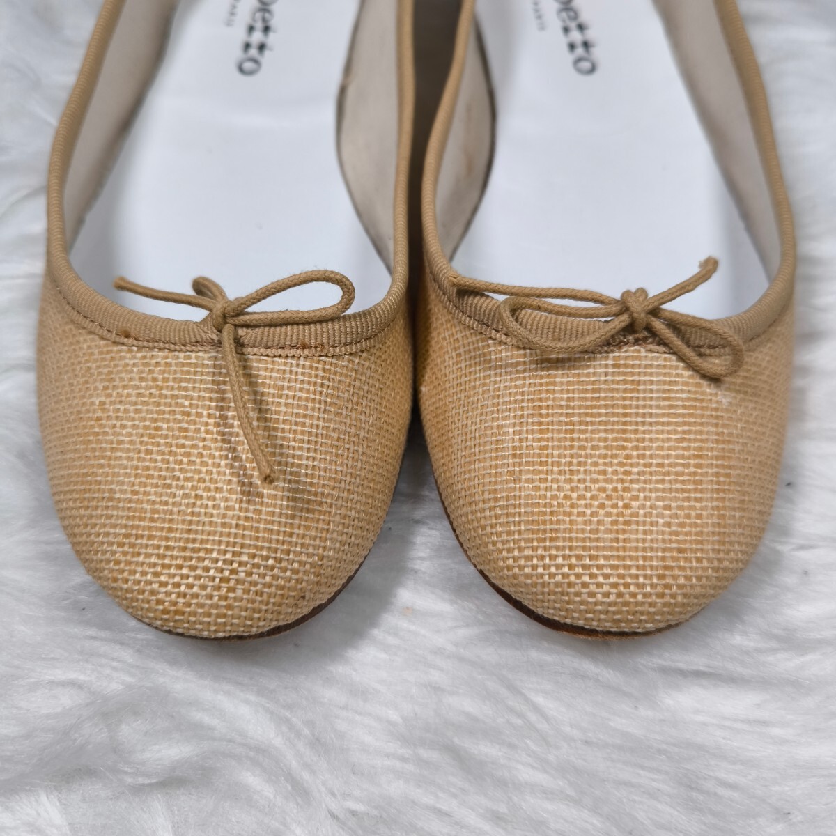 repetto Flat pumps ballet shoes 24.5cm ribbon linen rough .a wheat ..