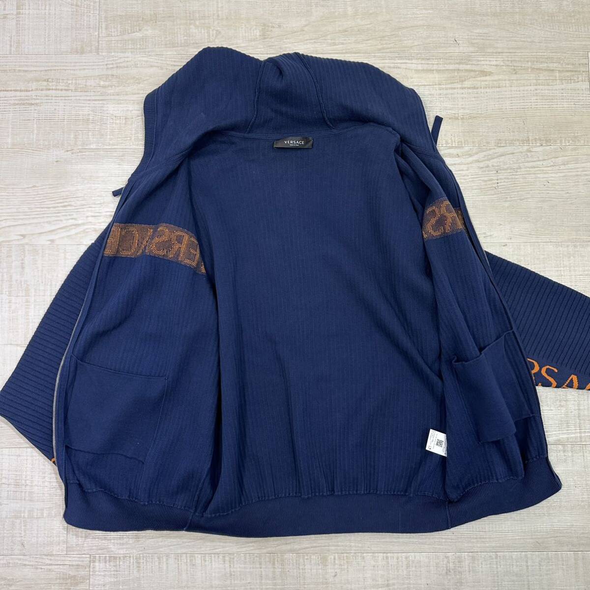 VERSACE ベルサーチ ヴェルサーチ リブ ニット ロゴ ジップ パーカー RIB KNIT LOGO ZIP PARKA MADE IN ITALY ネイビー 系 希少 サイズ 52_画像3