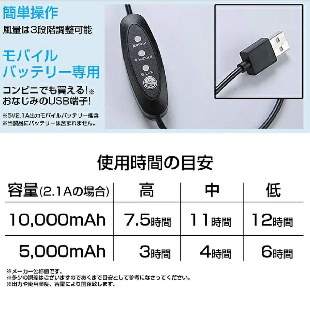 ★空調服用 USB式ケーブル 3段階風量切替 モバイルバッテリー用コード★