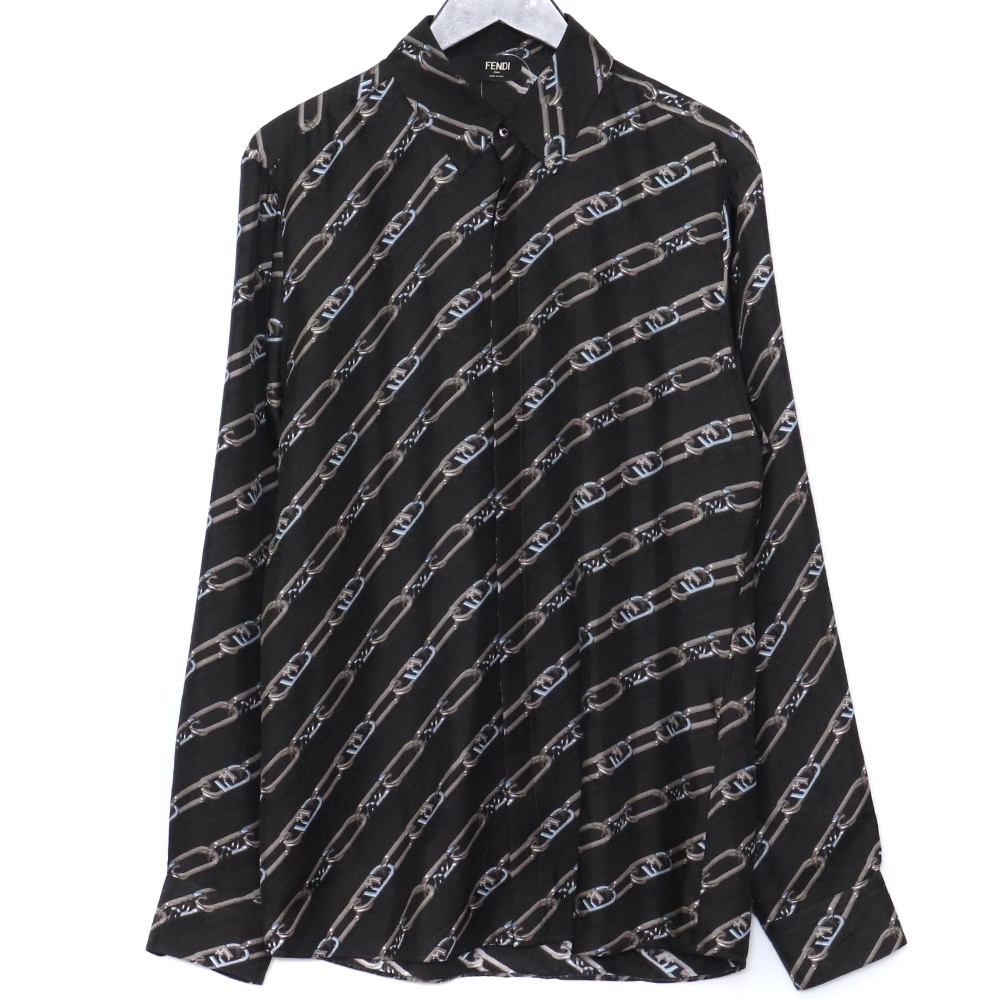 FENDI Black silk shirt featuring fendi chain-link print サイズ39 ブラック FS0585 AL2M フェンディ 総柄プリント シルク 長袖シャツ_画像1