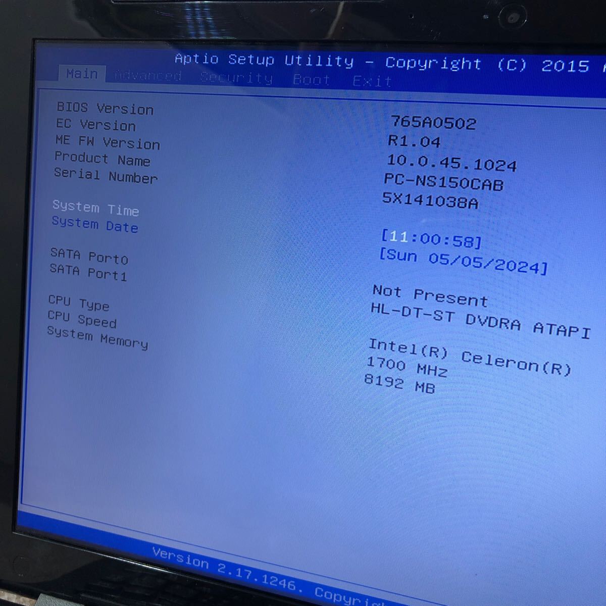 NEC LAVIE NS150/C PC-NS150CAB Celeron 1.7GHz DDR3 8GB メモリ搭載 BIOS起動OK 現状品_画像2