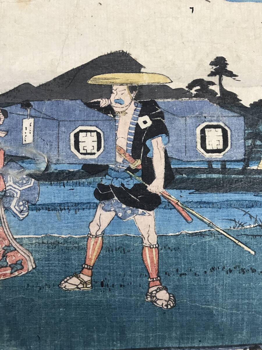 EK0516-08◆木版画 歌川広重 忠臣蔵 八段目 浮世絵 錦絵 真作 約25×37cm 破れあり_画像2