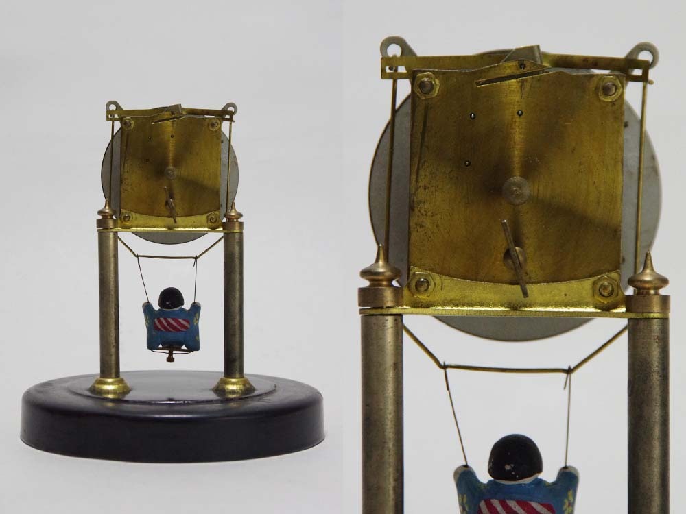 当時物名巧時計人形前後振置時計ブランコ時計ガラスドーム手巻機械式アンティーク置時計昭和レトロ収集家整理品_画像4