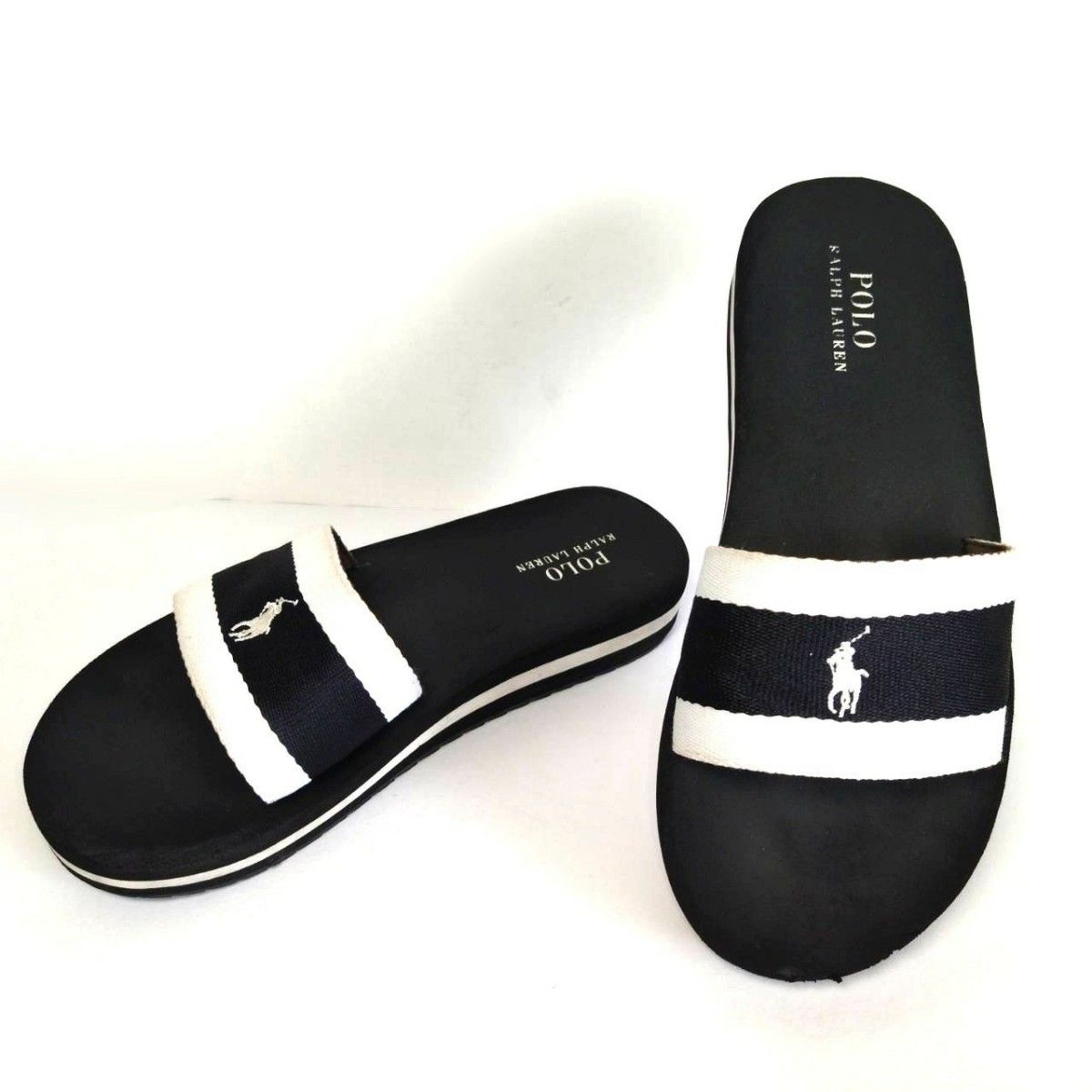 【RALPH LAUREN】ロゴフラットサンダル★国内発送関税込★ 人気 POLO RALPH LAUREN ロゴ ブラック×ホワイト サンダル