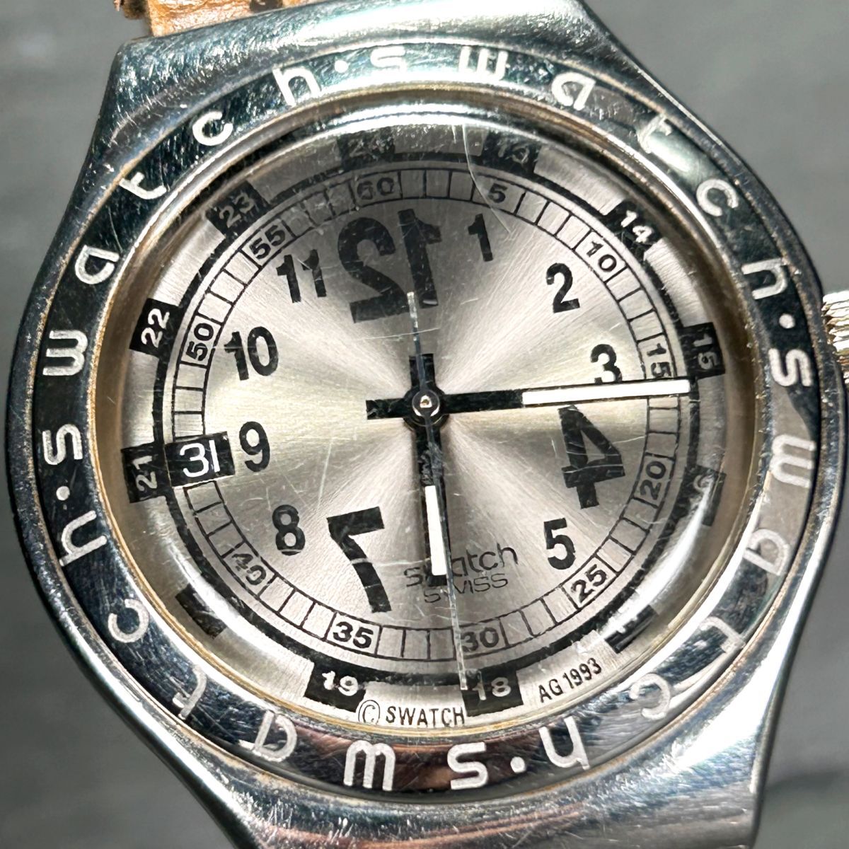 SWATCH スウォッチ IRONY アイロニー PATENTED AG1993 腕時計 クオーツ アナログ カレンダー ステンレススチール レザー 新品電池交換済み_画像1