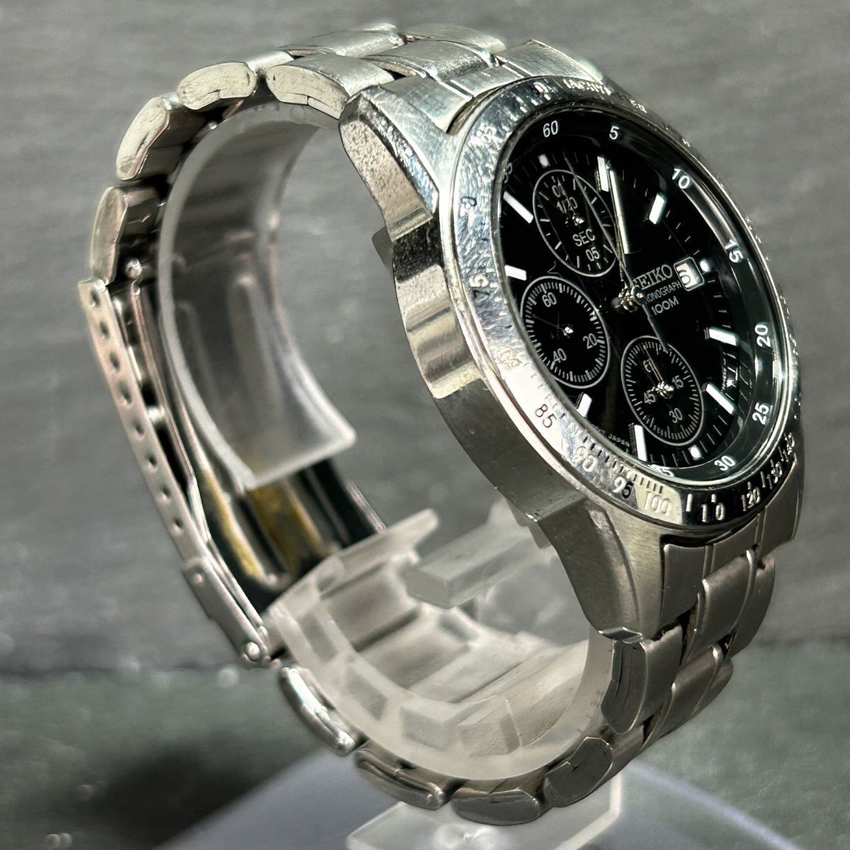 海外モデル SEIKO セイコー クロノグラフ SND367 腕時計 クオーツ アナログ カレンダー ブラック文字盤 ステンレススチール 新品電池交換済の画像5