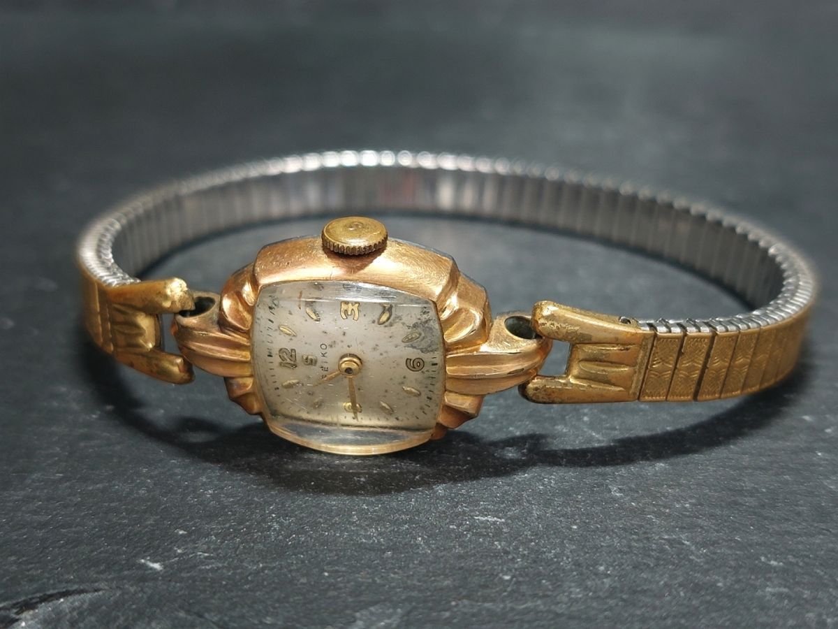 SEIKO セイコー FRONT 5071 アナログ 手巻き 腕時計 2針 ホワイト文字盤 スクエア文字盤 スモールサイズ ゴールド 蛇腹ベルト 動作確認済みの画像5