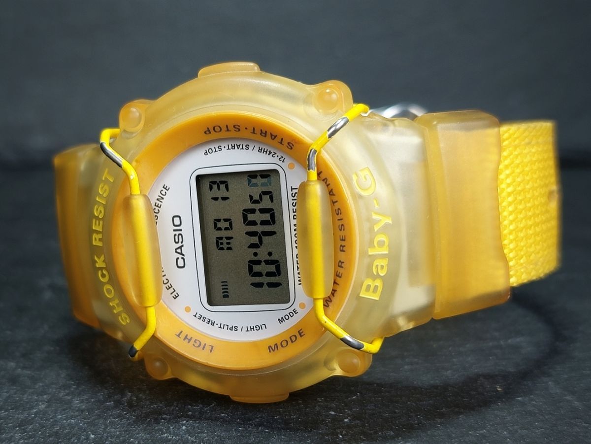 CASIO カシオ Baby-G ベビージー BG-300 デジタル 腕時計 イエロー ホワイト文字盤 スケルトン 布製ベルト ステンレス 新品電池交換済み_画像6