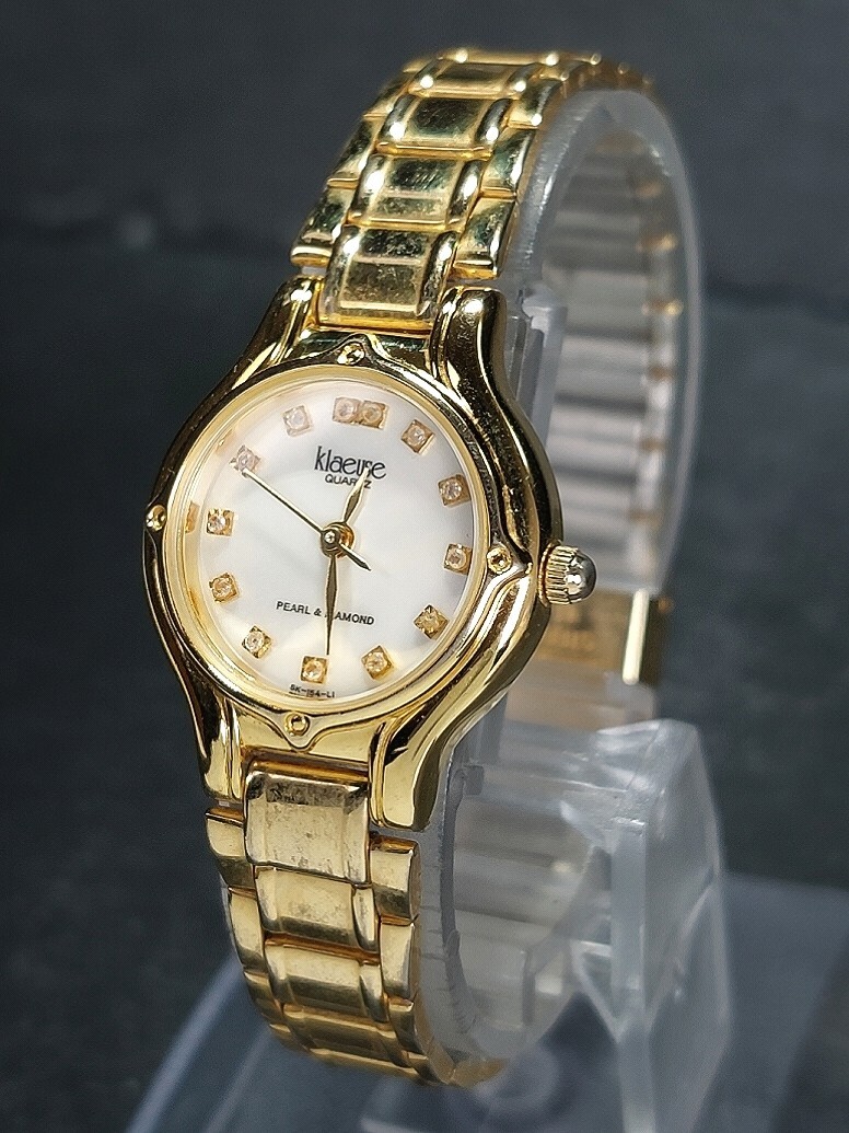 Klaeuse クロイゼ SK-154L1 PEARL&DIAMOND アナログ クォーツ 腕時計 3針 シェル文字盤 ゴールド メタルベルト ステンレス 動作確認済みの画像3