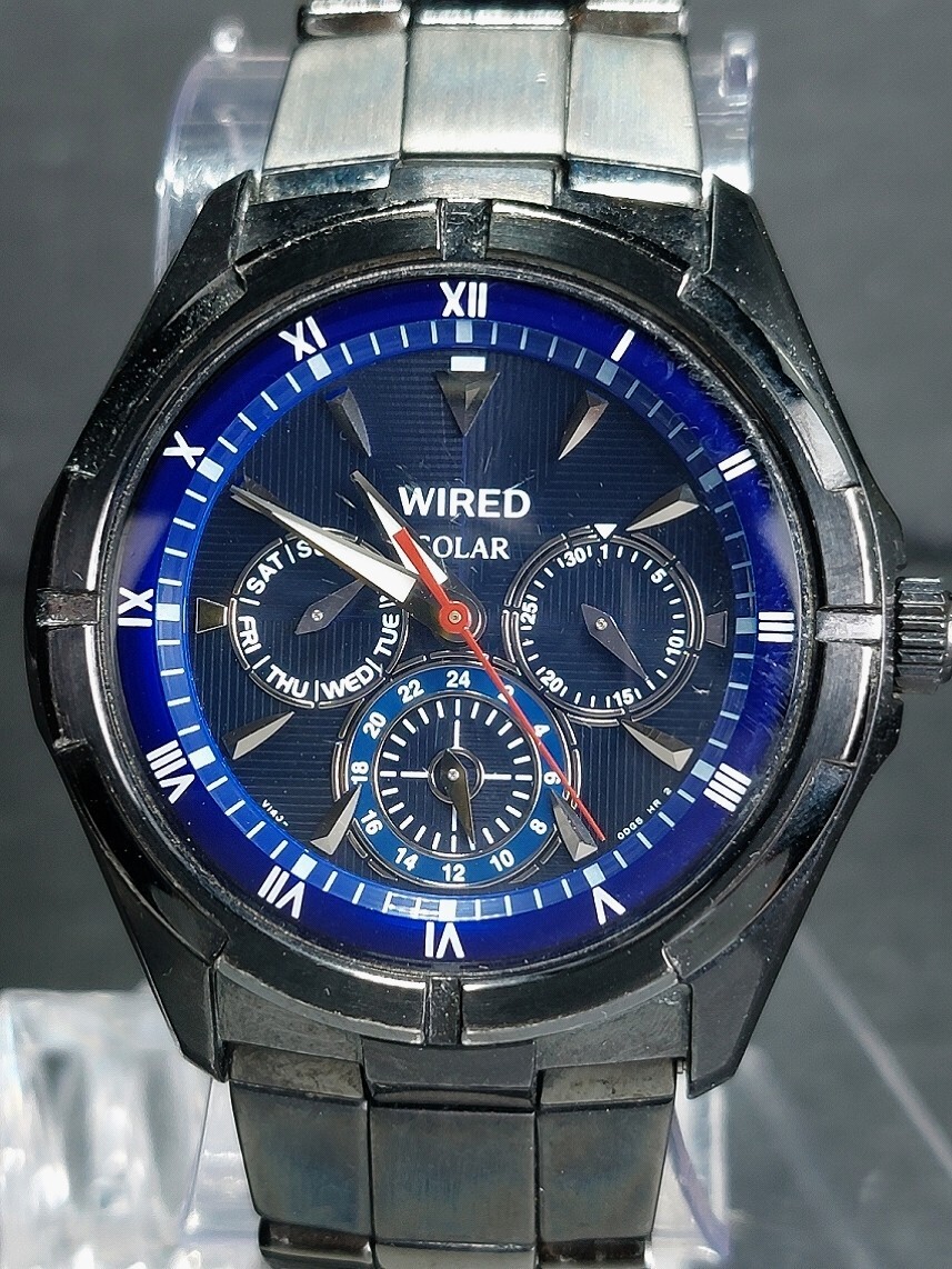 SEIKO セイコー WIRED ワイアード V14J-0BV1 メンズ アナログ ソーラー 腕時計 ブルー文字盤 ブラック メタルベルト ステンレス 動作確認済_画像1