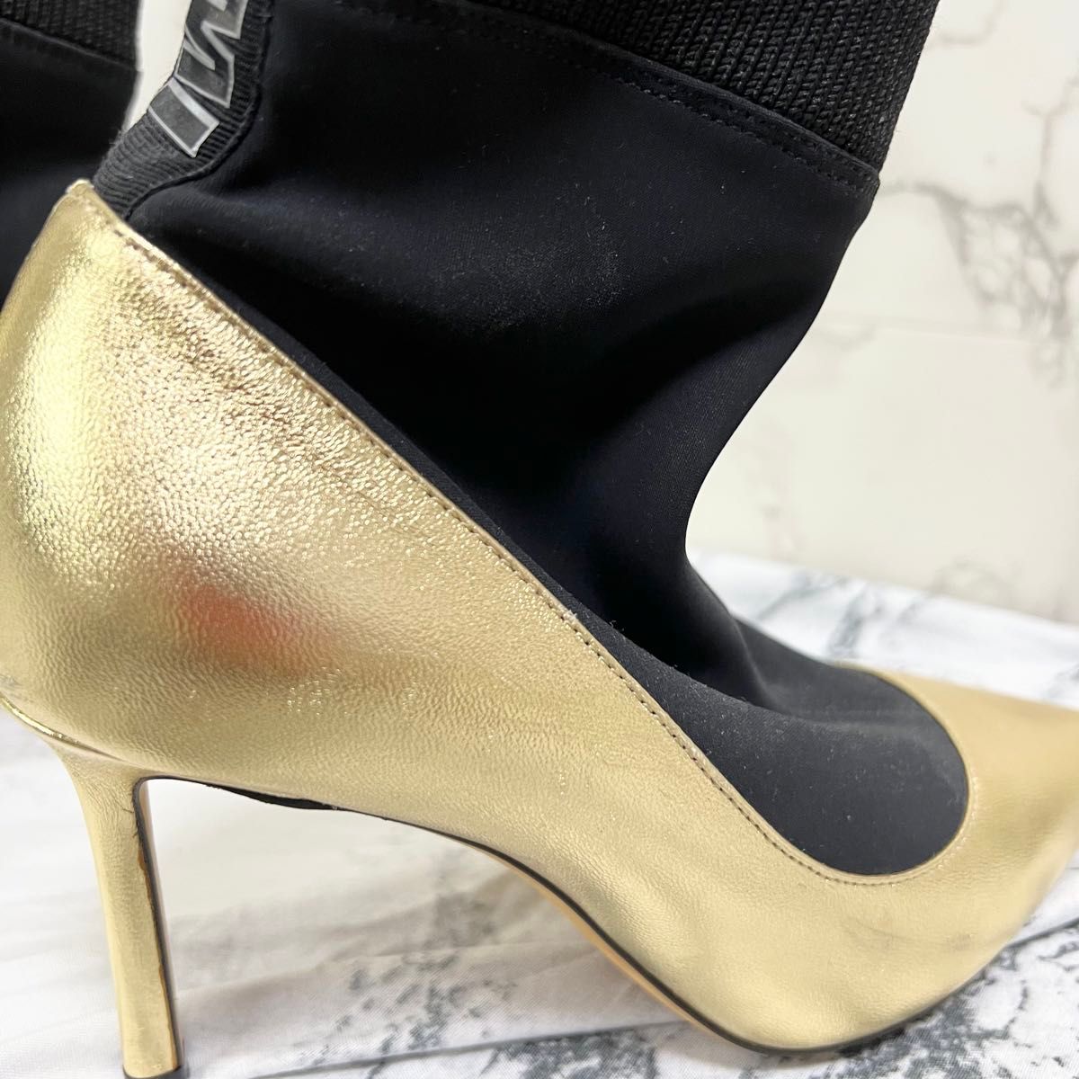 正規JIMMYCHOO ジミーチュウ ゴールドブラックバイカラーソックスブーツ| 正規JIMMYCHOO ジミーチュウ ゴールドブラックバイカラーソックスブーツ|