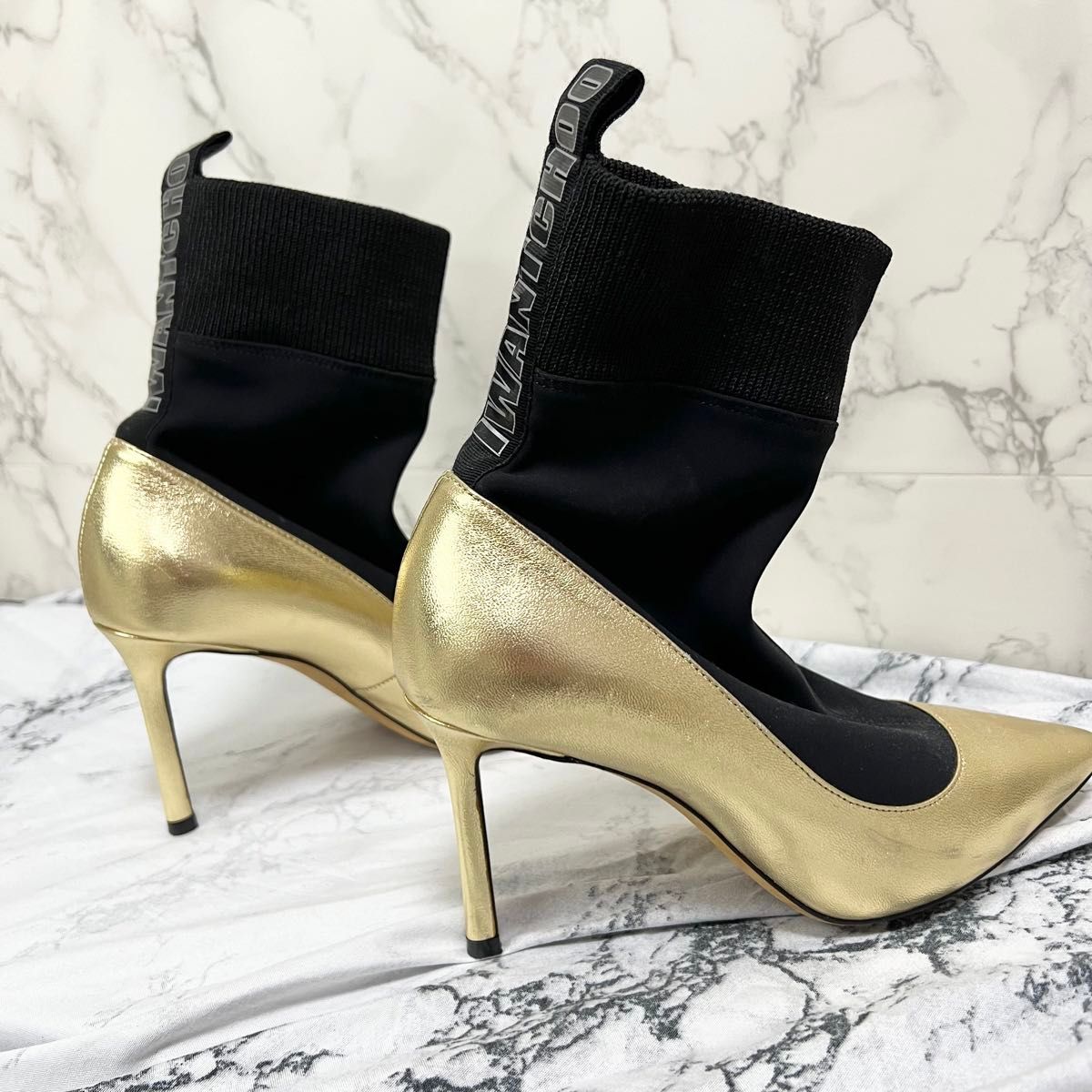 正規JIMMYCHOO ジミーチュウ ゴールドブラックバイカラーソックスブーツ| 正規JIMMYCHOO ジミーチュウ ゴールドブラックバイカラーソックスブーツ|