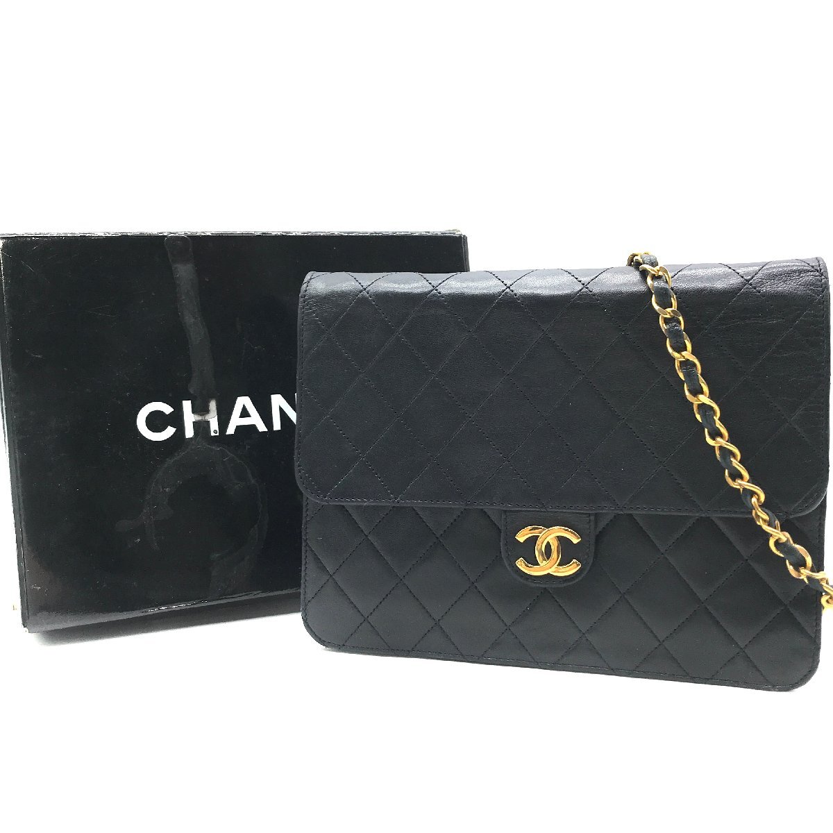 良品 CHANEL シャネル レディース バッグ マトラッセ プッシュロック チェーン ショルダーバッグ ココマーク ラムスキン ブラック a2695_画像1