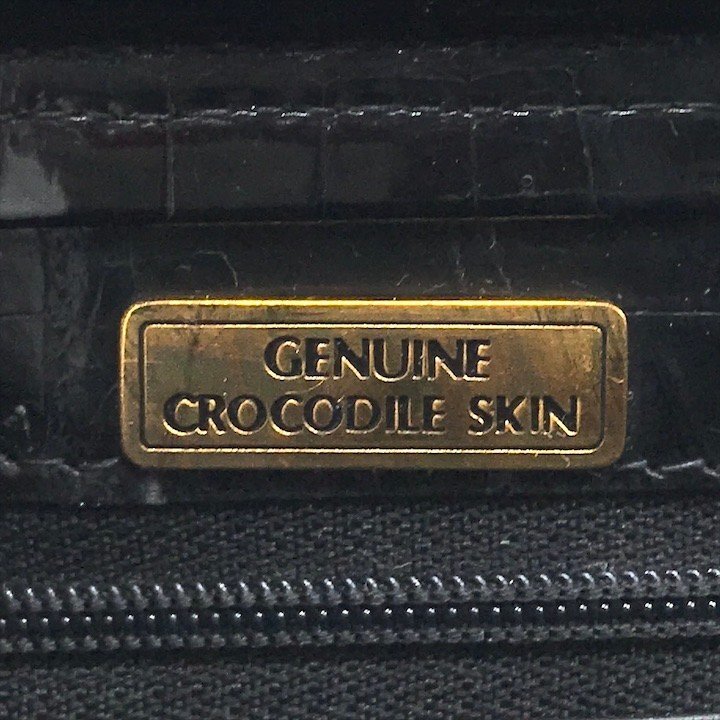 1円 美品 GENUINE CROCODILE ジェニュインクロコダイル シャイニー クロコ ターンロック センター割り ハンド バッグ ブラック m12937_画像9