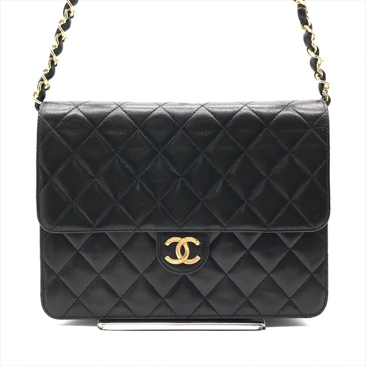 美品 CHANEL シャネル ココマーク マトラッセ ラムスキン プッシュロック チェーン ショルダー バッグ ブラック a3486_画像1