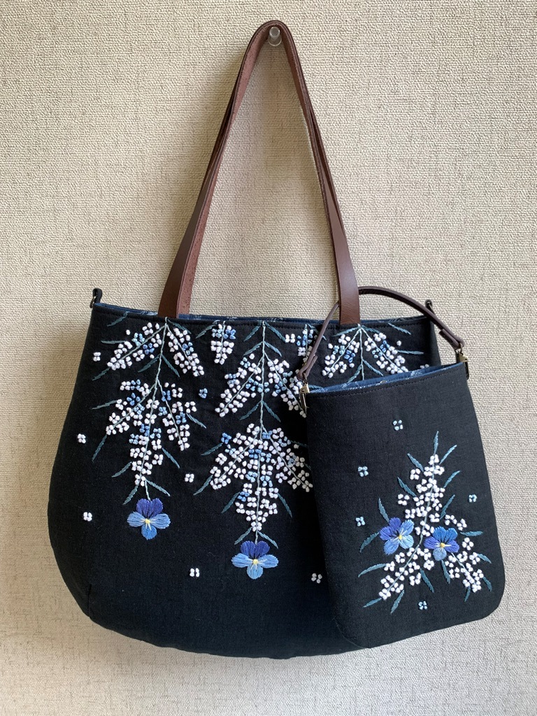  hand made, hand embroidery,[ full .. rental mi.. viola. .... tote bag & smartphone, glass case ] 2 point set 
