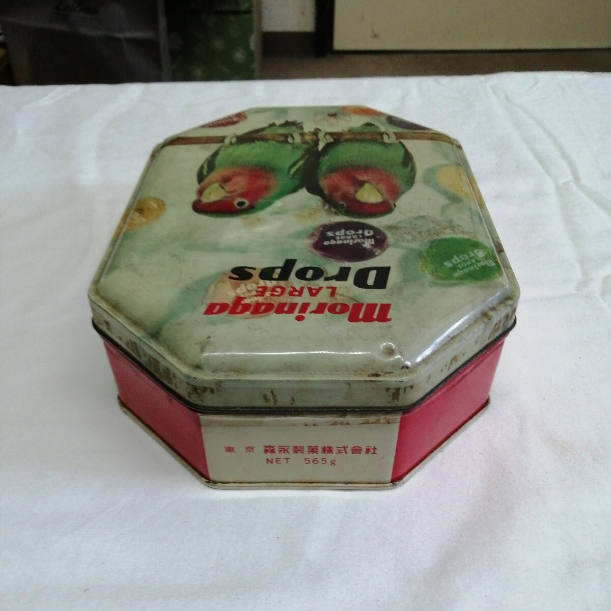森永ドロップ・ブリキ缶 飴 日本製 インコ 鳥 菓子 昭和レトロ JAPAN アンティーク 昭和 駄菓子 (約21×15×高6cm)_画像5