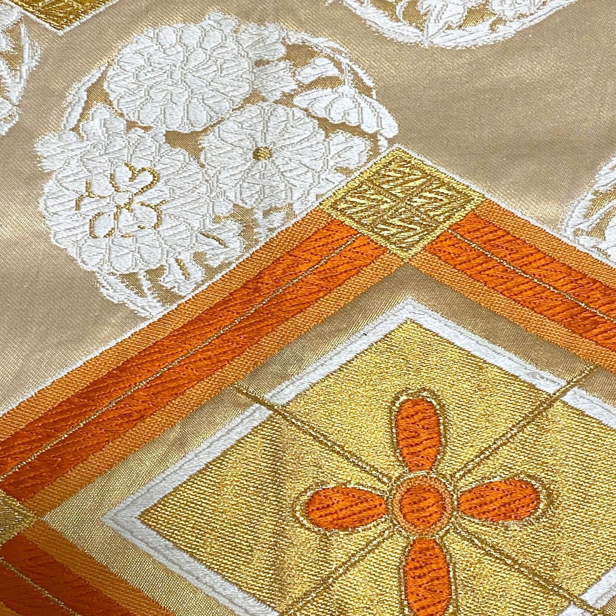 正絹 袋帯 礼装用 フォーマル 着物 オレンジ　金彩　菱形 