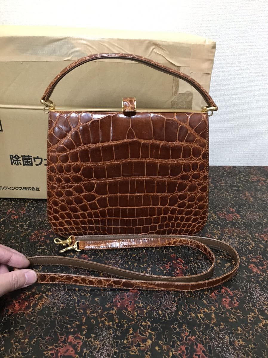 正規品 JRA クロコダイル 2way ハンドバッグ ショルダーストラップ付き ブラウン 約23.5×20cm(持ち手除く)中古現状品 _画像1