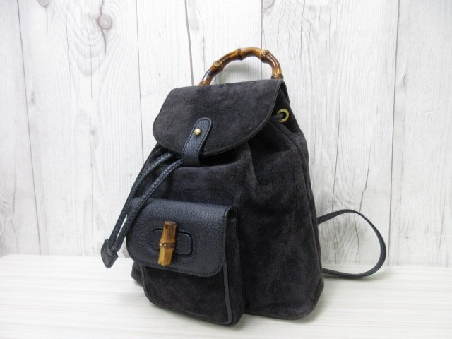  ultimate beautiful goods GUCCI Gucci bamboo rucksack bag suede × leather navy blue 71735Y