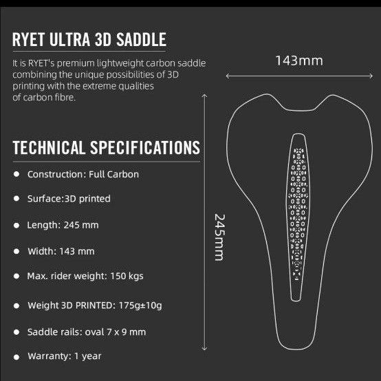 新製品 RYET 3Dプリントカーボンレール サドル 実測183g 幅143mm