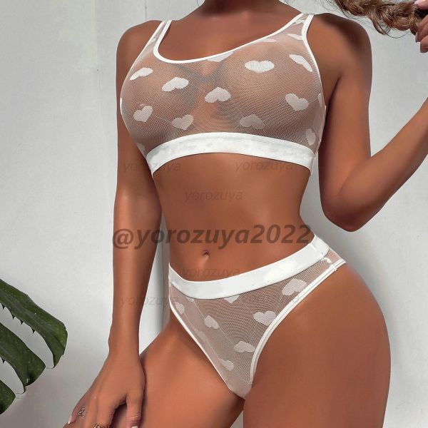 121-288-9 top and bottom set sexy mesh .... Heart [ white,XL size ] lady's sexy ero shorts bla Ran Jerry.3