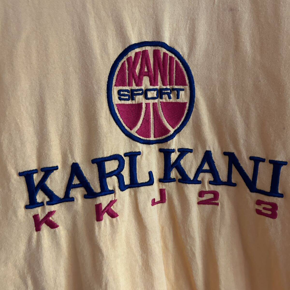 90s y2k KARL KANI JEANS カールカナイジーンズ USA製 ロゴTシャツ L センターロゴ 刺繍 イエロー ストリート 古着 大きめ_画像5