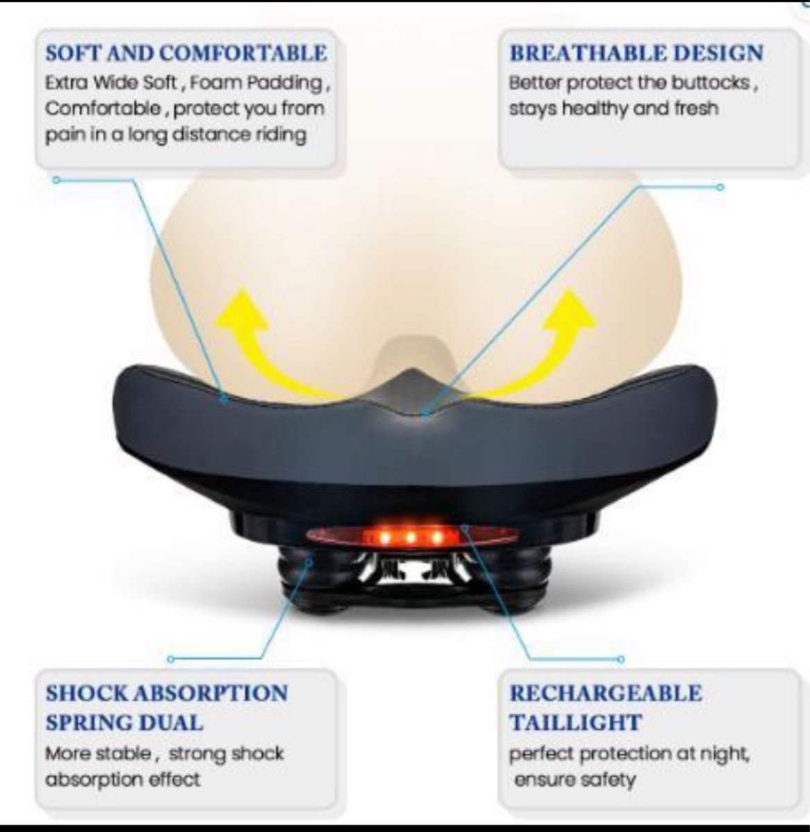 自転車サドル　ソフトサドル　テールライト付き　usb充電式 超ワイド30センチ　カバー付き