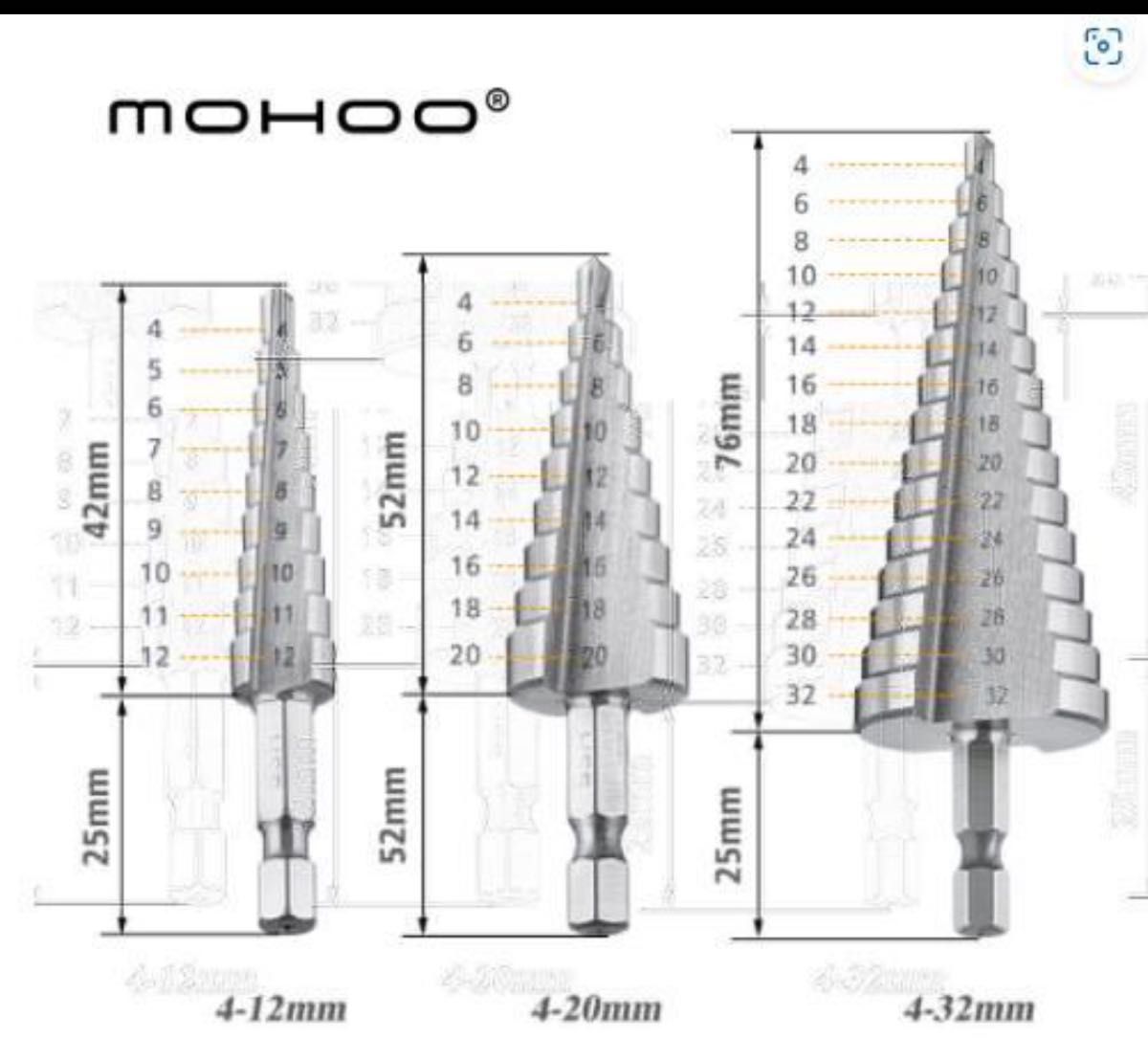 ステップドリル　4本セット　MOHOO 　日曜大工 ポーチ付き 電動ドリル ドリル部品 ドリル 穴あけ