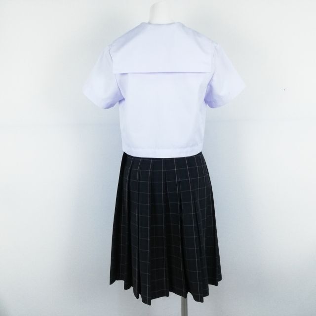 1円 セーラー服 チェックスカート スカーフ 上下3点セット 夏物 女子 学生服 中学 高校 白 制服 中古 ランクC NA1970_画像2