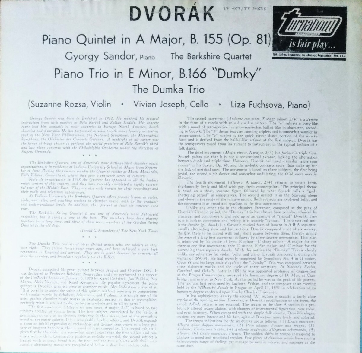  ドヴォルザーク ピアノ5重奏2番 B.115/ピアノ三重奏4番デュムキー US TURNABOUT MONO盤 サンドール+バークシャSQ/デュムカ トリオ LP_画像2