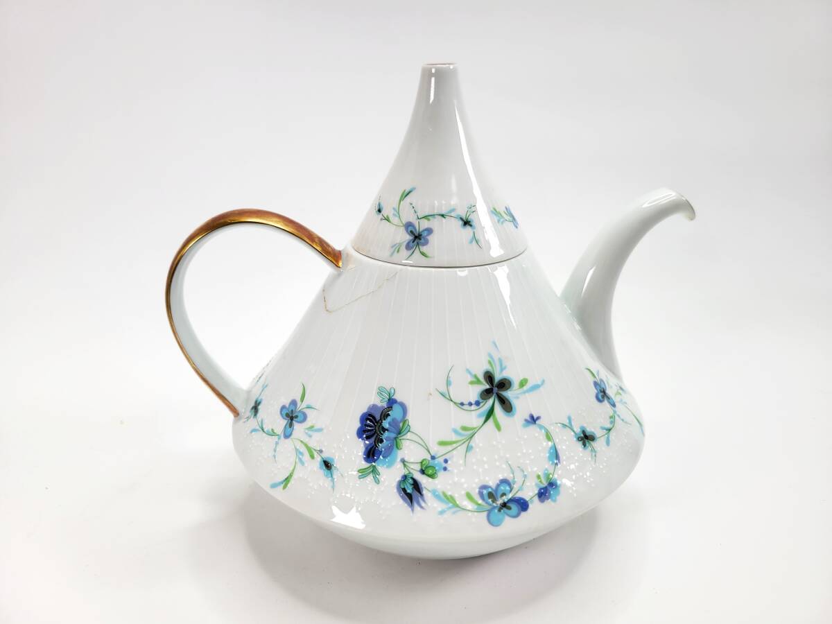 【蔵出し品・修復あり】limoges france　リモージュボックス　ティーポット　金彩　洋食器　くすみブルーの小花