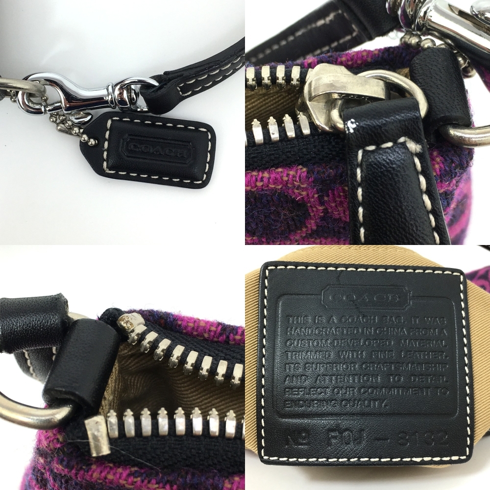 □【同梱可】【60】中古品 コーチ COACH FOJ-8132 アクセサリーポーチ ミニシグネチャー柄 ウール×レザー ネイビー×ピンク_画像8