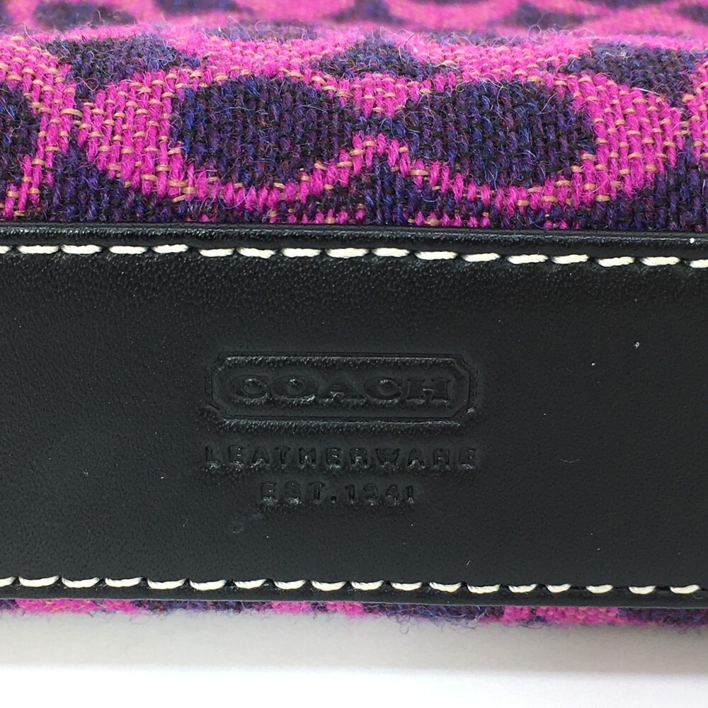 □【同梱可】【60】中古品 コーチ COACH FOJ-8132 アクセサリーポーチ ミニシグネチャー柄 ウール×レザー ネイビー×ピンク_画像6