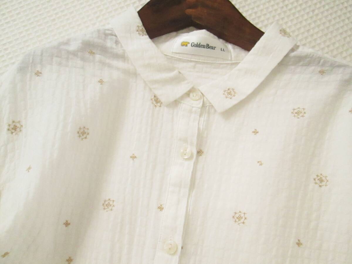 Golden Bear Golden Bear large size LL * feeling of luxury linen Blend embroidery 7 minute sleeve blouse shirt * white × beige 